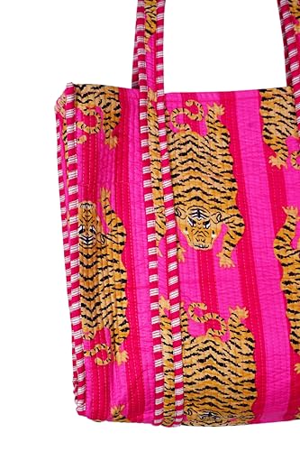 Image of Quilted Cotton Hand printed Reversible Large multicolor cotton Tote Bag,Indian Handmade Block Printed Tote Bag Women Handbag
