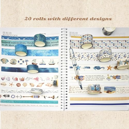 Fulbrio Arts Conjunto de Fitas Adesivas Vintage Ocean Washi-20 Rolos para Scrapbooking, Diário, Fita