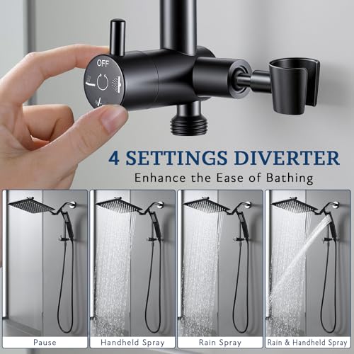 Image of G-Promise Metal Shower Diverter with Low Handheld Holder, 3-Way Diverter Valve with Pause Mode for Handheld and Fixed Shower Head, 4-Setting Universal Bathing Replacement(9 Inch, Matte Black)