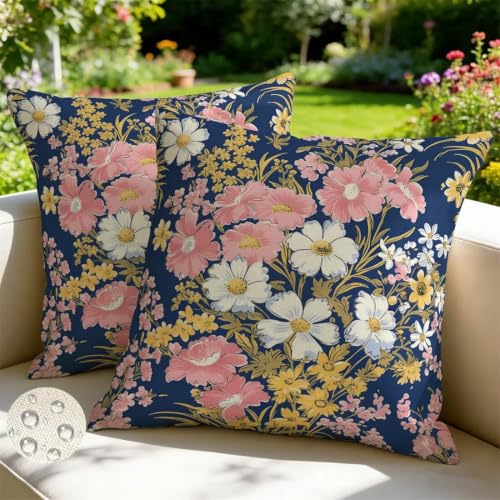 Housses de coussin imperméables 80x80 cm bleu décor fleuri lot de 2