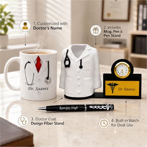 Image of SAVRI Personalized Doctor's Desk Set: Pen, Fiber Pen Stand with Watch & Ceramic Mug - Gift for Family & Friends - Customized with Doctor's Name - Ideal Gift for Doctors & Surgeons