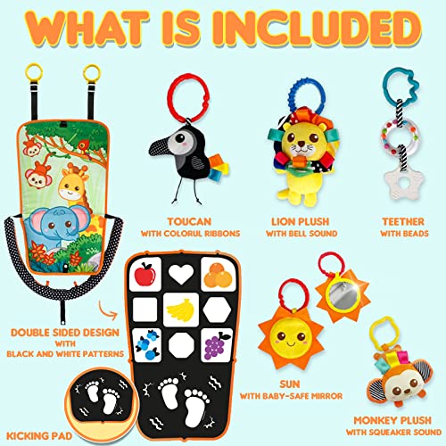 Innofans Baby Car Seat Animals Toys - Kick and Play Double Sided Infant Car Seat Toys with Plush Toys, Mirror, Teether for Baby, Babys Travel Activities, Christmas Birthday Gifts Newborn Infant Toys