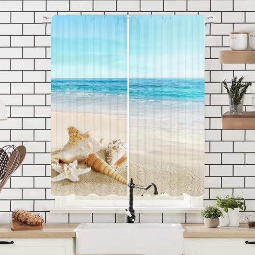 Iffvgx Ocean Kitchen Curtains 27.5(W) X39(H) Rod Pocket Beach Sand Waves Sealife Marine Design With Shells Hot Summer Sun Holiday Print, Window Drapes 2 Panel Set For Kitchen Cafe Decor #TOP2