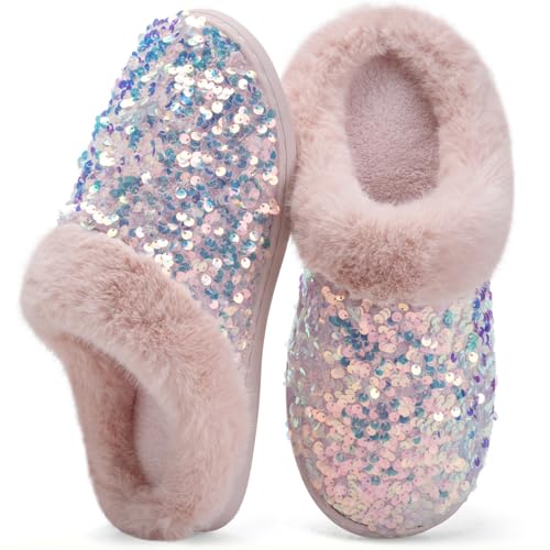 WateLves Women's Sequin Sparkle Fuzzy Slippers Slip-on Mules Memory Foam Indoor House Shoes Fluffy Slides Comfortable Christmas Holiday Gift for Her (Sequin Pink, 38/39) - image 1