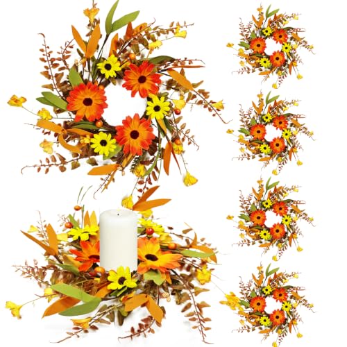 Image of 6 Pcs 3 Inch Fall Daisy Candle Rings Thanksgiving Table Centerpieces Mini Artificial Candle Rings Autumn Daisy Wreaths Cabinets Farmhouse Autumn Wreath for Indoor Front Door Wall Window Decorations