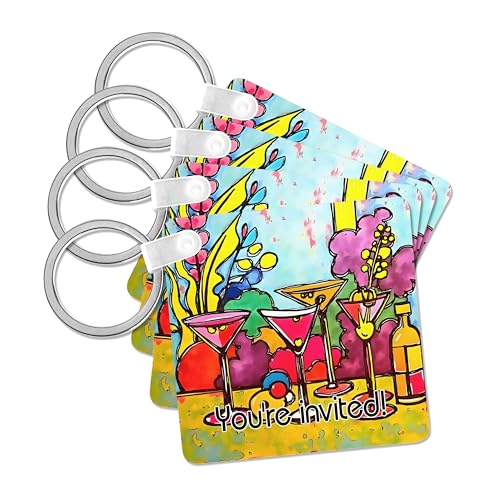 3dRose, Party Invitation Martini Glasses And Summer Flowers Black Outline Art, set of 4 Key Chains