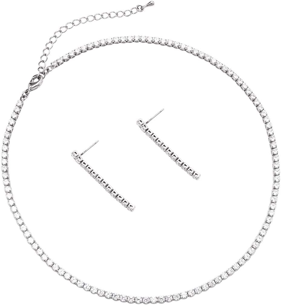 Rosemarie Collections Women's Stunning Cubic Zirconia Simple 3mm Strand Necklace and Hypoallergenic Earrings Set