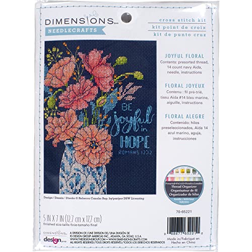 Image of Dimensions 70-65221 Be Joyful in Hope Floral Counted Cross Stitch Kit for Beginners, 14 Cnt. Navy Aida, 5 inch x 7 inch
