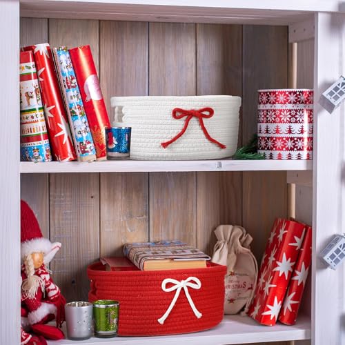Image of Breling 3 Pieces Valentine's Day Gift Basket Coquette Bow Laundry Hamper Cotton Rope Storage Woven Rope Bin with Handles for Decoration Organization Storage for Nursery, Pet Toy Basket(Red, White)