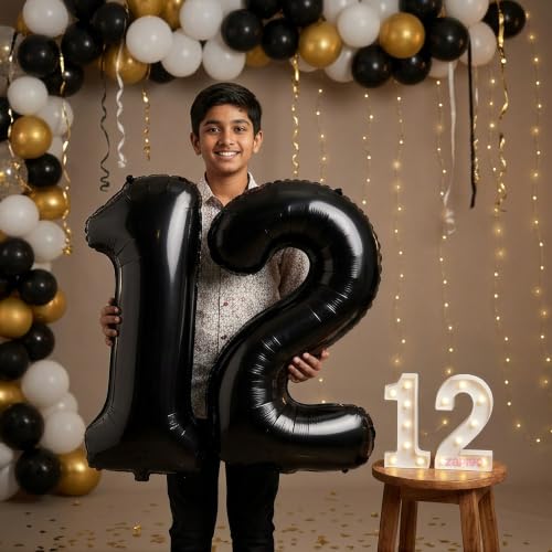 Image of Balloonistics Black 40-Inch Foil Number 12 Balloon with Matching LED Marquee Light - Combo Set for 12th Birthday Decoration, Anniversary, Party Backdrop, Cake Table Decor