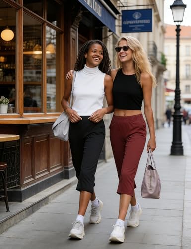 Crewhpo Damskie spodnie dresowe Capri 3/4 długości joggery letnie przycięte spodnie proste szerokie nogawki spodnie do joggingu spodnie wypoczynkowe, czerwony (wine red), L