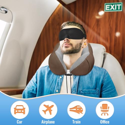 Image of CloudBliss Travel Pillow for Plane, Memory Foam Neck Pillow for Travel, Airplane Pillow with Eye Mask, Earplugs, Storage Bag, Compact Neck Pillow for Long Flight, Car & Office, Trip Essentials, Brown