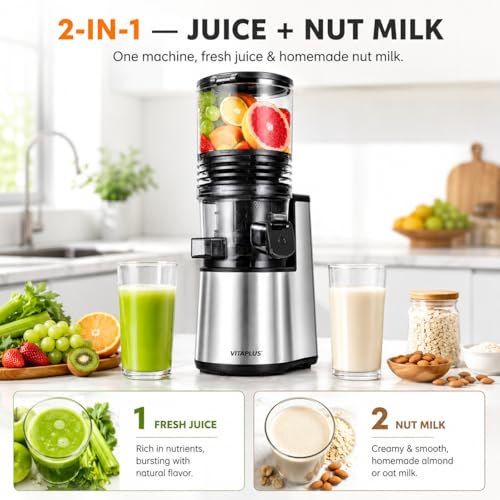 Image of VITAPLUS Cold Press Juicer with Stainless Steel Auger, Lab-Certified Food-Safe, AC Motor, 5.8 inch Whole-Fruit Chute, High Juice Yield Slow Masticating Juicer for Juice & Nut Milk, BPA-Free, Easy Clean