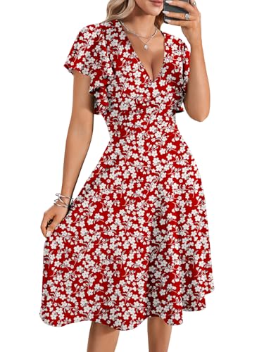 Image of LYANER Women's Warp V Neck Ruffle Short Sleeve A Line Swing Flared Cocktail Party Midi Dress