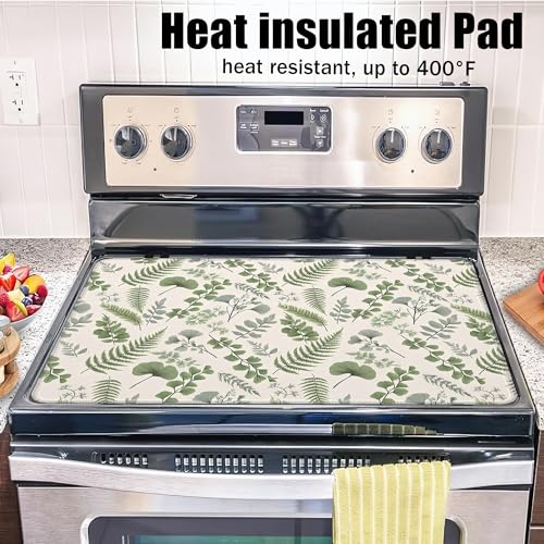 Image of Green Herb Leaves Glass Top Stove Cover Protector,Spring Botanical Leaf Heat Resistant Stove Top Cover, Large Size Range Covers for Electric Stove Countertop Mat, 28 x 20 Inch