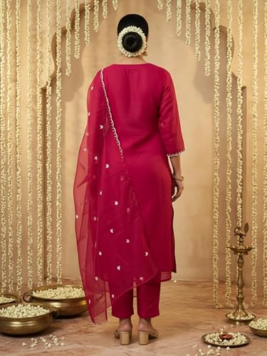Image of INDO ERA Women's Silk Blend Floral Embroidered Thread Work Straight Kurta & Pant with Dupatta Set | Kurti Set