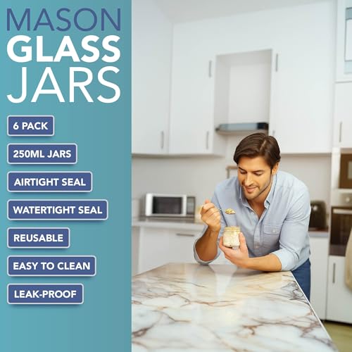 HEFTMAN Glass Mason Jars with Lids - Set of 6 250ml Air Tight Jars for Overnight Oats, Homemade Jam - Sturdy Glass Jar with Lid for Honey, Pickling, Preserving, Food Storage (250ml) - Image 2