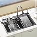 ARTLINE Digital Display Waterfall Kitchen Sink, Drop in Black Single Bowl Stainless Steel Sink with Two Waterfalls & Cup Washer, Topmount Workstation Kitchen Sink with Accessories (26.8 x 17.7in)