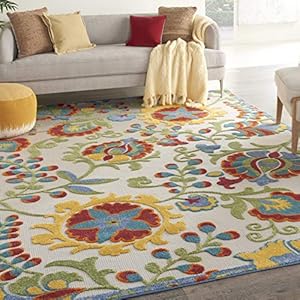 Nourison Aloha Indoor/Outdoor Ivory/Multi 9′ x 12′ Area Rug, Easy Cleaning, Non Shedding, Bed Room, Living Room, Dining Room, Backyard, Deck, Patio (9×12)
