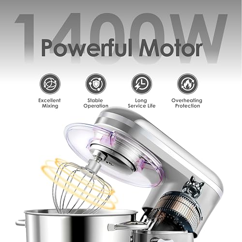 Aucma Stand Mixer, 6.2L Food Mixer 1400W Tilt-Head Electric Kitchen Mixer with Dough Hook, Wire Whip & Beater (6.2L, Shinny Silver) - Image 5