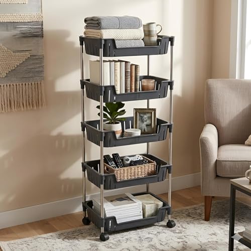 Image of JD FRESH 5-Tier Multi Storage Rack for Home & Kitchen /360-Degree Rotating Wheels with Breathable Kitchen Shelf Storage Rack /Plastic Rolling Cart for Kitchen, Bathroom, Office & Living Room (Black)