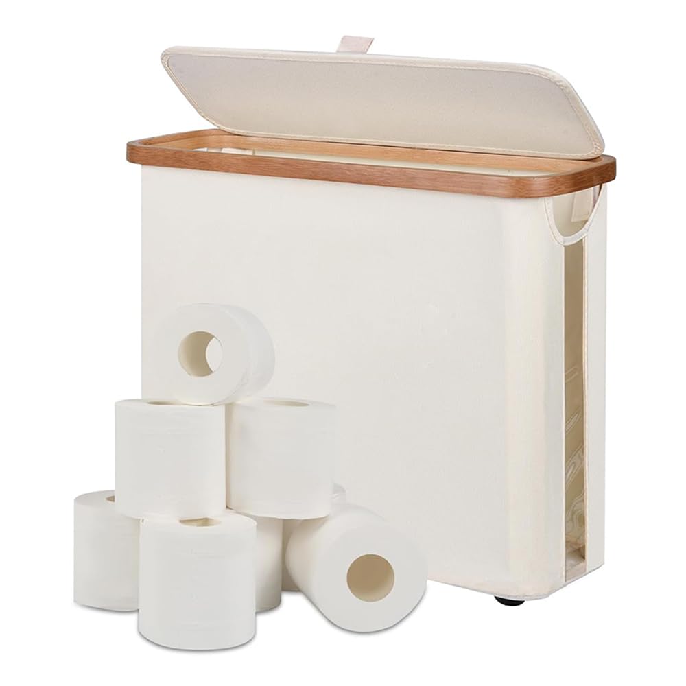 Aurisse Beige Freestanding Toilet Paper Holder With Bamboo Lid, 30L Toilet Roll Storage Box & Organiser For 12 Rolls, Space-Saving Bathroom Storage Basket (Beige)