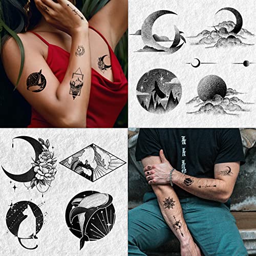 Cerlaza Temporary Tattoos For Men Women, 30 Sheets Small Hand Fake Tattoos For Adult Body Art, Waterproof Tattoo Stickers Space Moon Design On Neck Clavicle Shoulder #TOP4