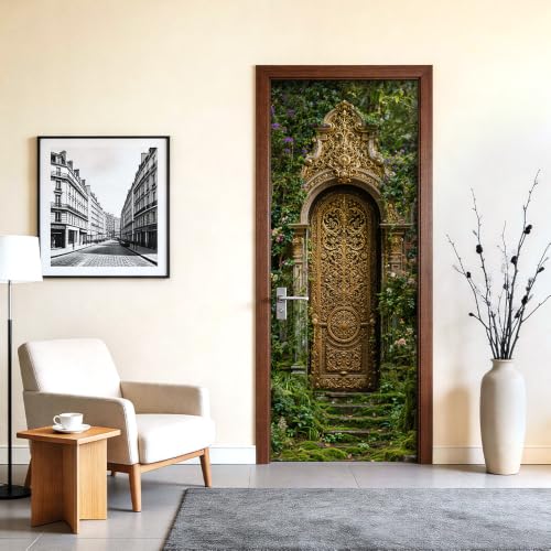 Image of Ornate Garden Gate Door Sticker, Gold Door Cover, 30.3x78.7in