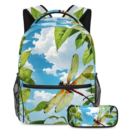 Sac à dos et trousse libellule multicolore : grand cartable d'école pour étudiant et lycée