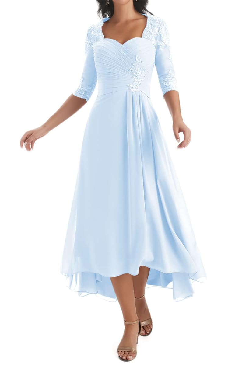 HPPEE Light Blue Mother of the Groom Dresses with Sleeves for Women Lace Applique Chiffon Mother of the Bride Dress Formal Gown UK12