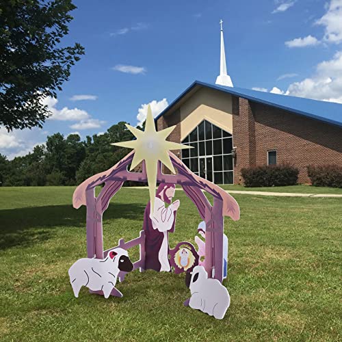 lulalula Presépio ao ar livre, resistente às intempéries, PVC resistente à água, conjunto de presépio grande da Sagrada família, jogos de presépio para pátio dianteiro de Natal, relva, igreja e
