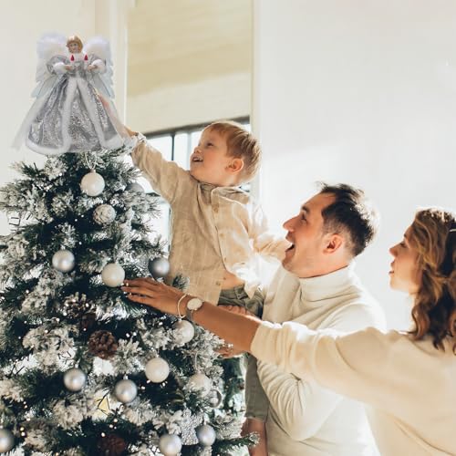 Cyraft Christbaumspitze Engel mit automatisch schlagenden Flügeln – Weihnachtsbaumspitze beleuchtet in Silber, 30 cm, mit Hellen LEDs & separat steuerbaren Flügeln, 6 Std. EIN / 18 Std. Aus