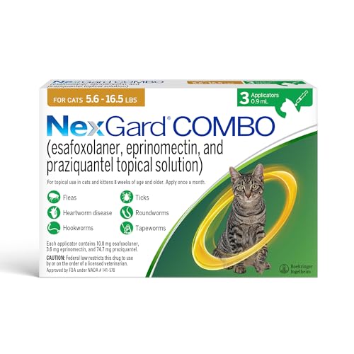 NexGard Combo (esafoxolaner eprinomectin and praziquantel Topical Solution) Flea and Tick Protection Plus Heartworm Disease Preventive for Cats 5.6-16.5 lbs. (Yellow Box) 3 Doses (3 Month Supply)