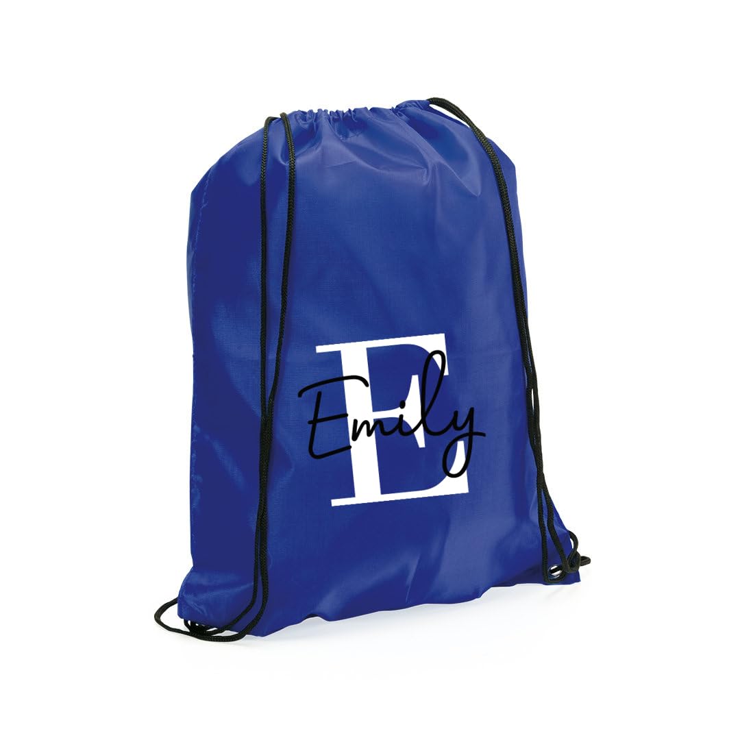 eBuyGB Personalised Drawstring Bag with Initial & Name, Monogrammed Kids Backpack, Gym Rucksack, School Sport Bag, Children's PE Kit (Blue)