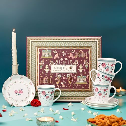 Image of Clay Craft x Magique by The Wishing Chair : Portrait of a Rose - Twilight Bloom Giftbox | Set of 4 Snack Plates and 4 Mugs | Dishwasher Safe | Festive Gifting | GiftBox Packaging