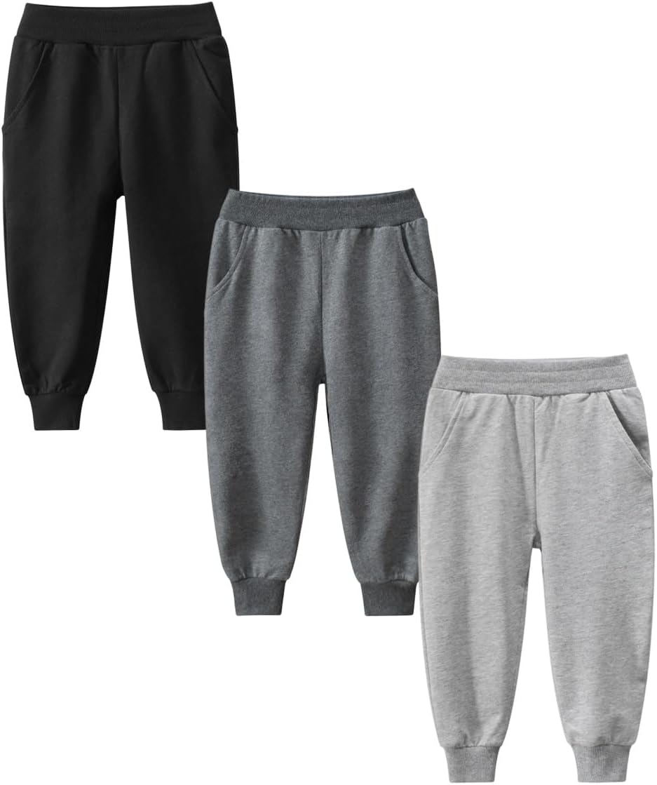 Little Boys Active 3-Pack Elastic Waist Pull On Jogger Sweatpants with Pockets for Athletic & Casual Wear