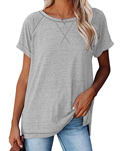 ANFTFH Verano Mujer Manga Corta Escote Redondo Abertura Lateral Color sólido Casual Manga Corta Top Gris XL Cover