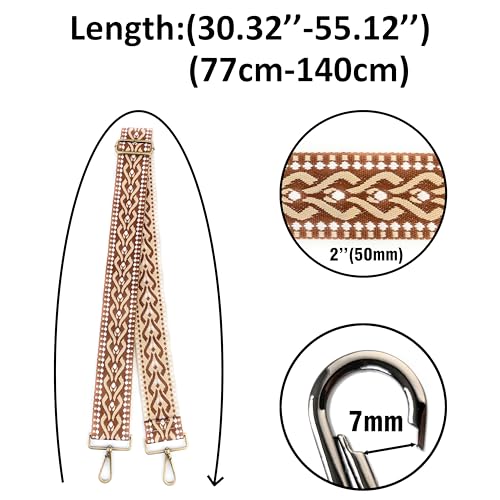 Image of Cream Brown Geometric Jacquard Purse Strap with Bronze Hardware 2 Inch Wide Replacement Crossbody Guitar Style Adjustable Shoulder Strap for Handbags Totes