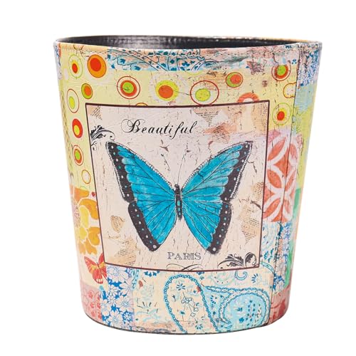 Image of PU Leather Small Trash Can Wastebasket, Round Garbage Container Basket for Bathrooms, Laundry Room, Kitchens, Offices, Kids Rooms, Bedrooms,Dorms,Home Decorative Art Bin, 2.9 Gallon(Blue Butterfly)