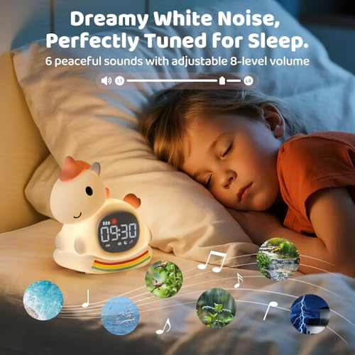 Image of Alarm Clock with Night Light for Kids with Sleep Training and Sound Machine, Rechargeable Silicone Lamp OK to Wake Clock,Cute Animal Tabletop Lamp, Perfect Sleep Companion for Boys Girls,Pink Pony