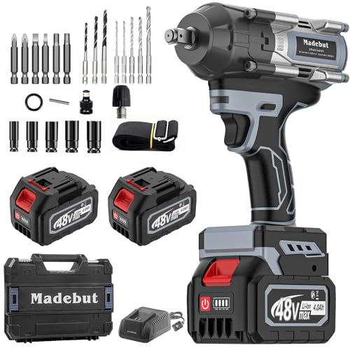 Cordless Impact Wrench,3-speeds Cordless Impact Gun with 2*4.0Mah, 1000N.m (740Ft-lbs) Electric Impact Erench with 5 Sleeves, High Torque 1/2 Impact Wrench, Power Impact Wrenches for Home Car Tyre