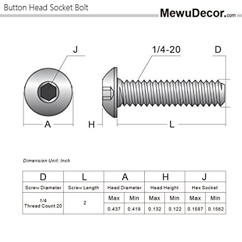 1/4-20 X 2" Button Head Socket Cap Bolts Screws, 18-8 Stainless Steel, Bright Finish, Full Thread, Allen Hex Drive, 25 Pcs #TOP1