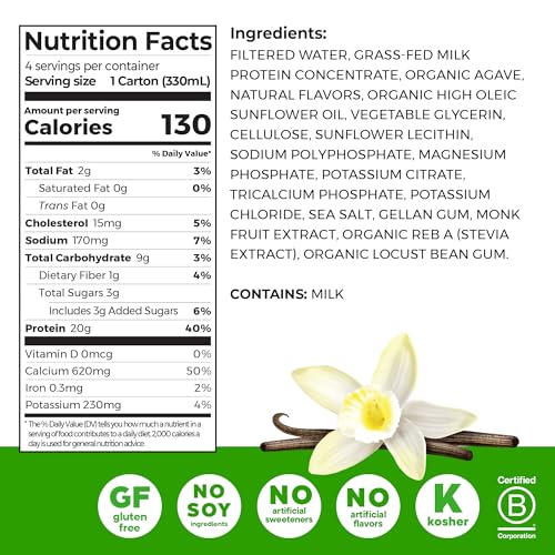 Image of Orgain Clean Protein Shake, Grass Fed Dairy, Vanilla Bean - 20g Whey High Protein, Kosher, Ready to Drink, Low Net Carbs, Gluten Free, No Soy Ingredients, 11 Fl Oz (Pack of 4)