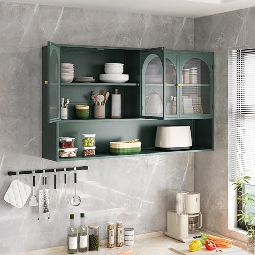 Generisch Vitrina de cristal de 4 puertas de 120 cm, montaje en pared, estante de pared, armario colgante para cocina, cocina, salón, baño (verde oscuro)