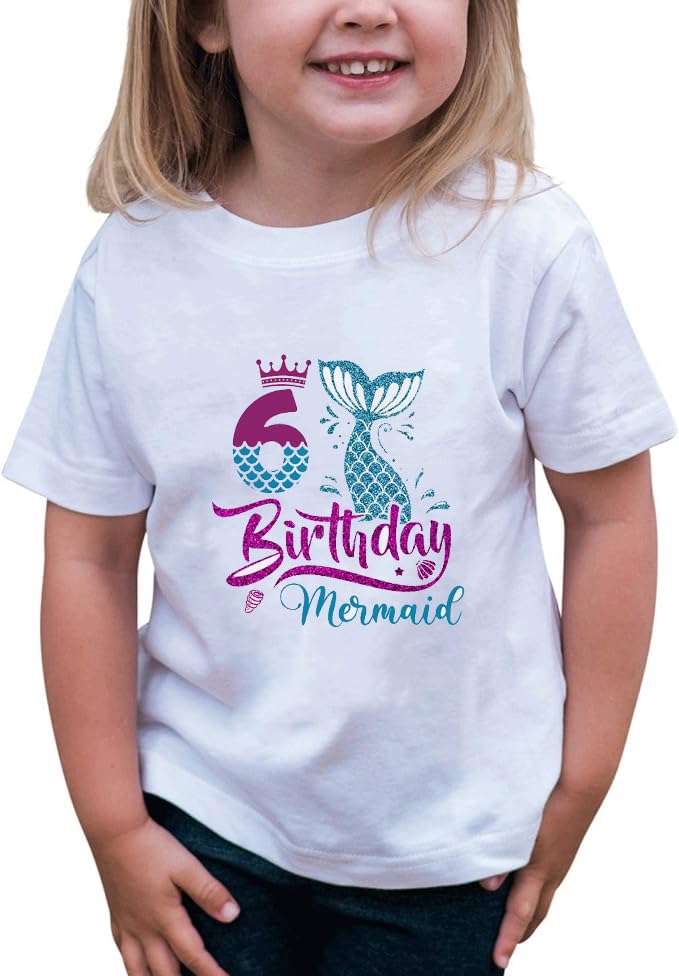 6th Birthday Shirt for Girls, Dress for Girls, T Shirt for 6 Year Old Gift Outfit, Decoration Mermaid Clothes White2