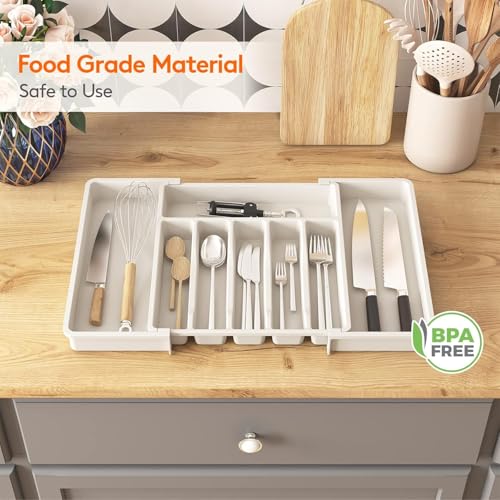Image of Aroja Silverware Drawer Organizer, Expandable Utensil Tray for Kitchen, BPA Free Flatware and Cutlery Holder, Adjustable Plastic Storage for Spoons Forks Knives, Large
