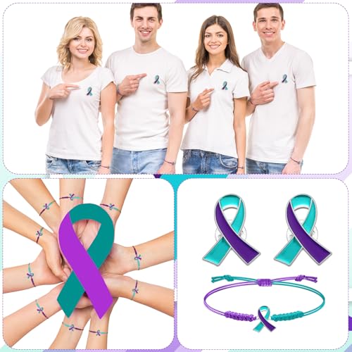 60 Pcs Purple Teal Suicide Prevention Awareness Accessories Include 30 Braided Bracelets 30 Ribbon Pins Mental Health Suicide Prevention Gifts for Women Cancer Survivor Jewelry4