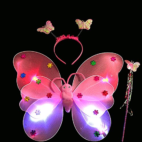 Coedfa 3pcs/Set Girls Led Flashing Light Fairy Butterfly Wing Wand Headband Costume Toy, Girls' Kids' Children's Dress-Up Fancy Dress (Pink)