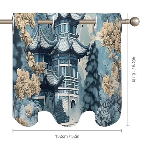 Cortinas con cenefa de estilo chinoiserie de pagoda azul, pack de 2 para cocina 6
