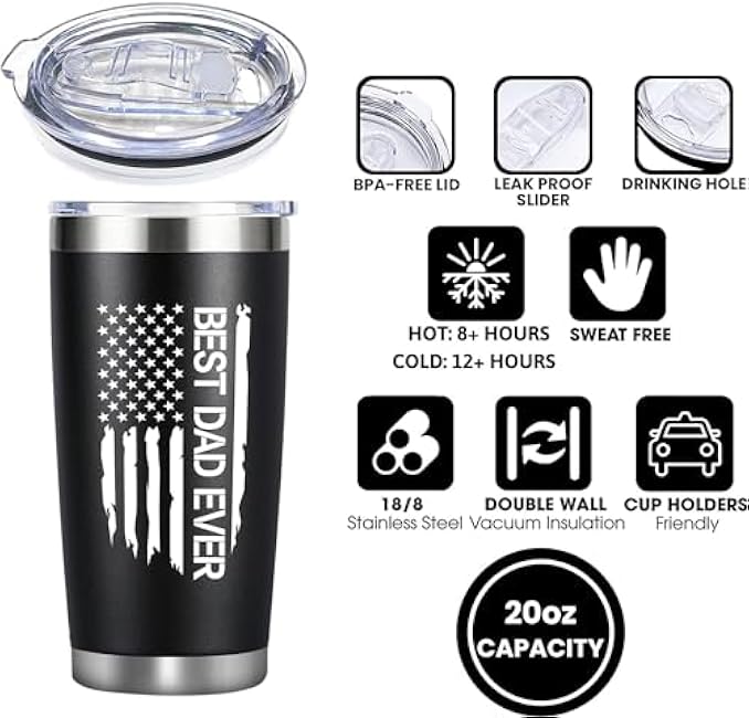 Funny Christmas, Birthday, Father's day Gifts for Dad from Daughter, Son, Kids, Wife. Cool Insulated Stainless Steel Dad Travel Coffee Mug Wine Tumbler with Lids and Straw 20oz